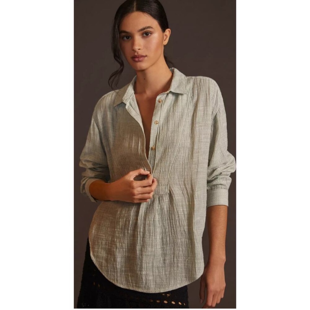 NWT Anthropology Button Side Striped Textured Shirt Oversized Yellow Size XXS